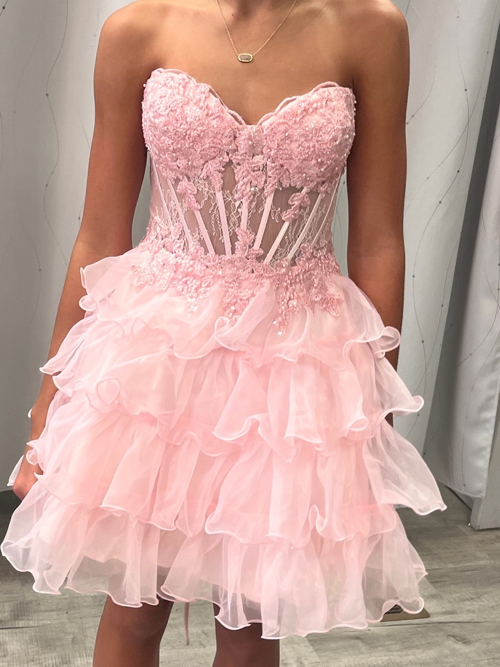 Pink Ruffled Lace-Up Homecoming Dress - Picture 4 of 4